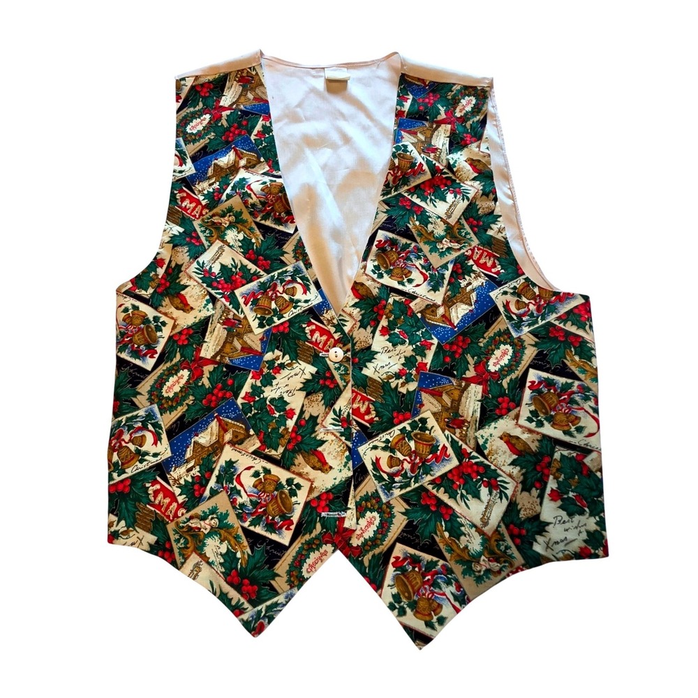Vtg Christmas Postcard Print Vest Multicolor Holiday Slvless Waistcoat Victorian
